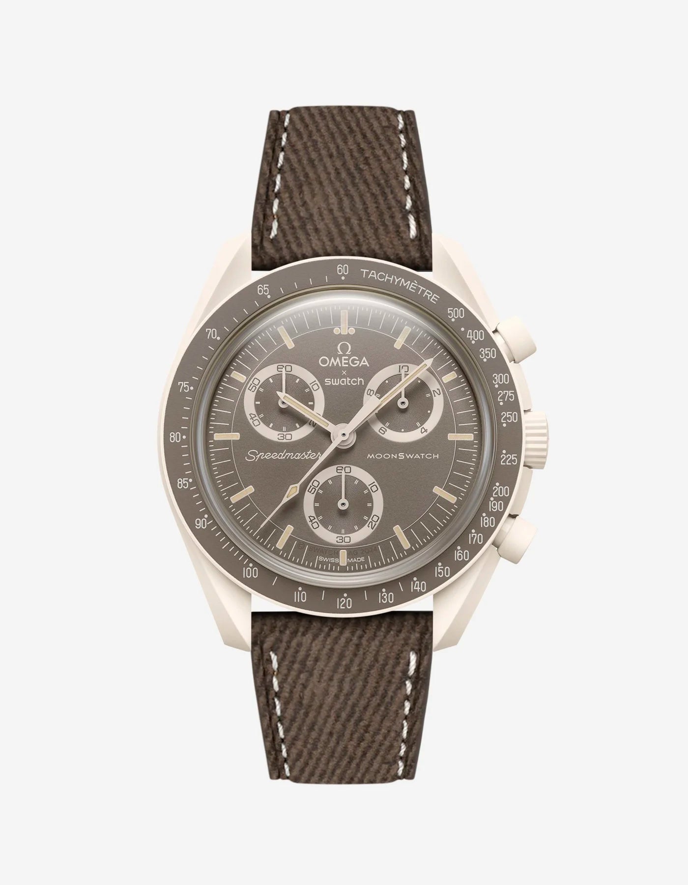 Brown Denim leather strap mounted on Omega x Swatch MoonSwatch Mission on Earth Desert – product image