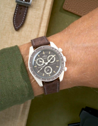 Brown denim strap on Omega X Swatch Mission on Earth - Desert, wrist view