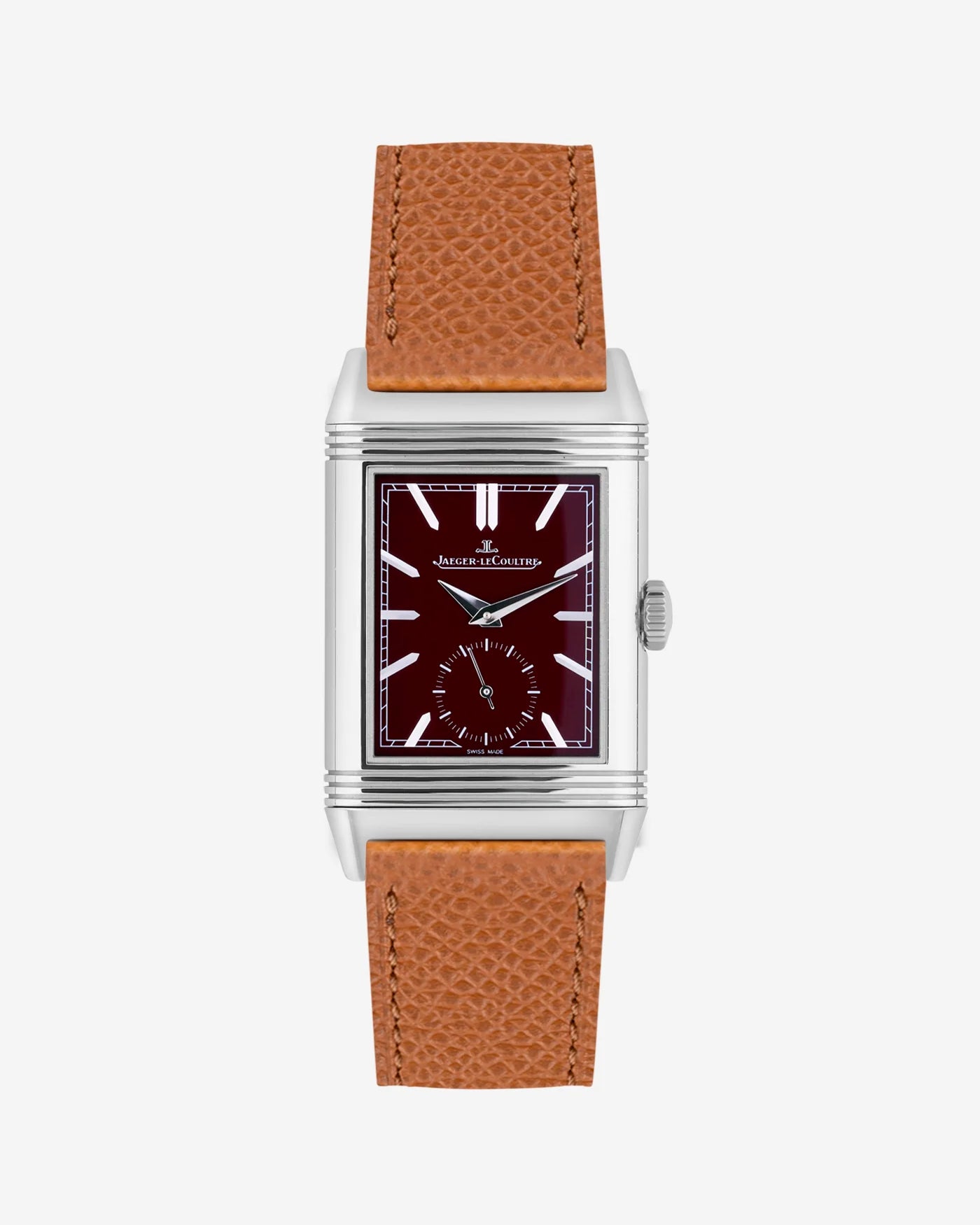 Brown Epsom leather strap mounted on Jaeger LeCoultre Reverso watch 20mm, front-facing on-watch product image