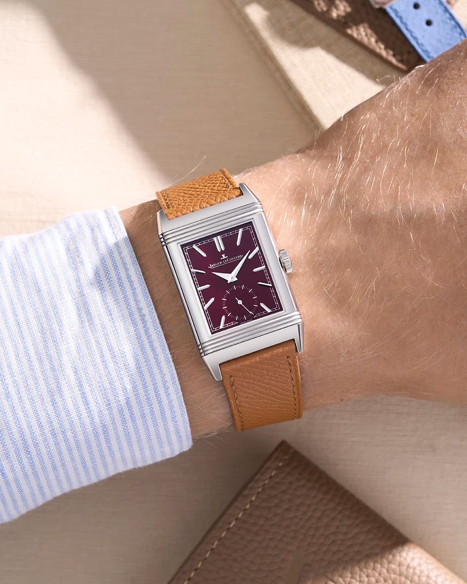 Brown Epsom leather strap for Jaeger LeCoultre Reverso 20mm shown on wrist