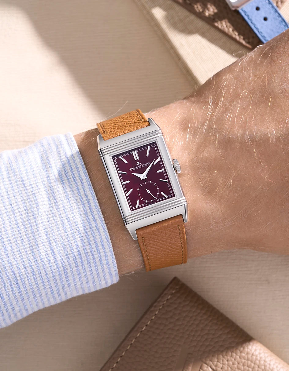 Brown Epsom leather strap for Jaeger LeCoultre Reverso 20mm shown on wrist