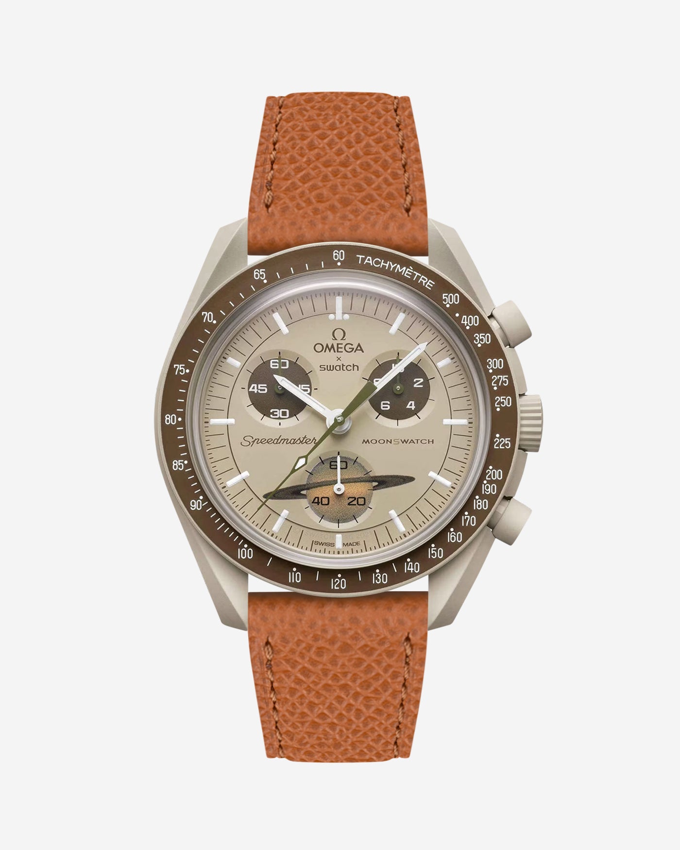 Brown Epsom leather strap on Omega x Swatch Mission to Saturn watch
