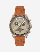 Brown Epsom leather strap on Omega x Swatch Mission to Saturn watch