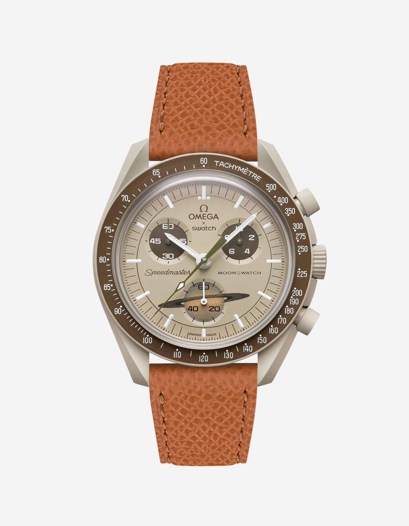 Brown Epsom leather strap on Omega x Swatch Mission to Saturn watch
