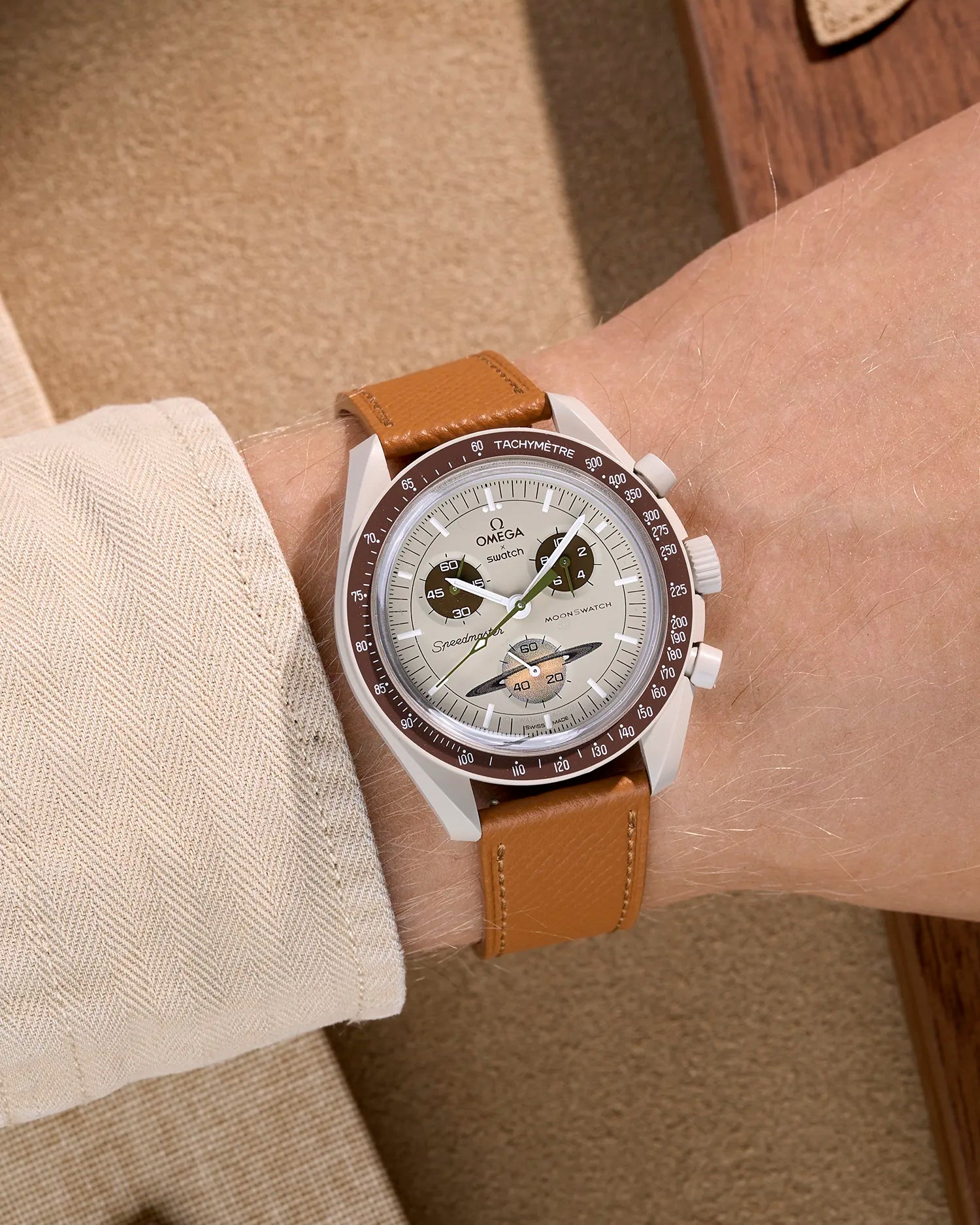 Brown Epsom leather strap on Omega X Swatch MoonSwatch Mission to Saturn – wrist shot