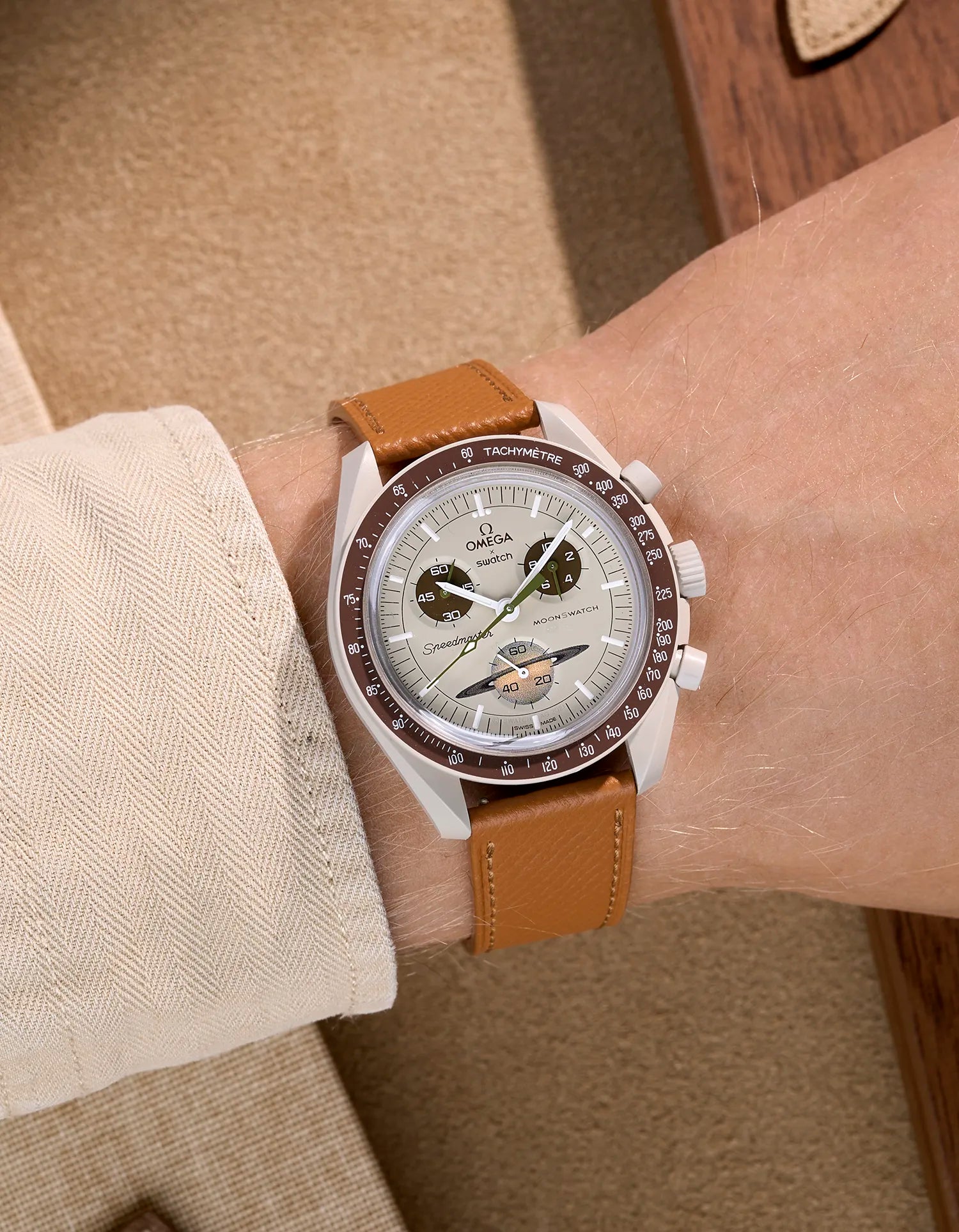 Brown Epsom leather strap on Omega X Swatch MoonSwatch Mission to Saturn – wrist shot