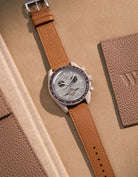 Flat lay of Brown Epsom leather strap for Omega x Swatch MoonSwatch Saturn