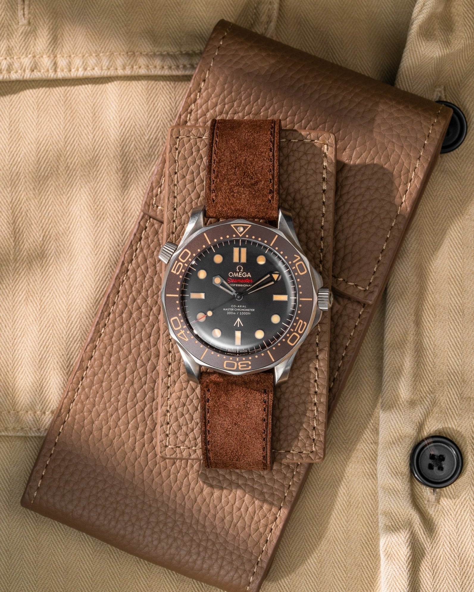 Brown Suede Leather Strap 17mm - 21mm flat lay on watch pouch - Wristbuddys