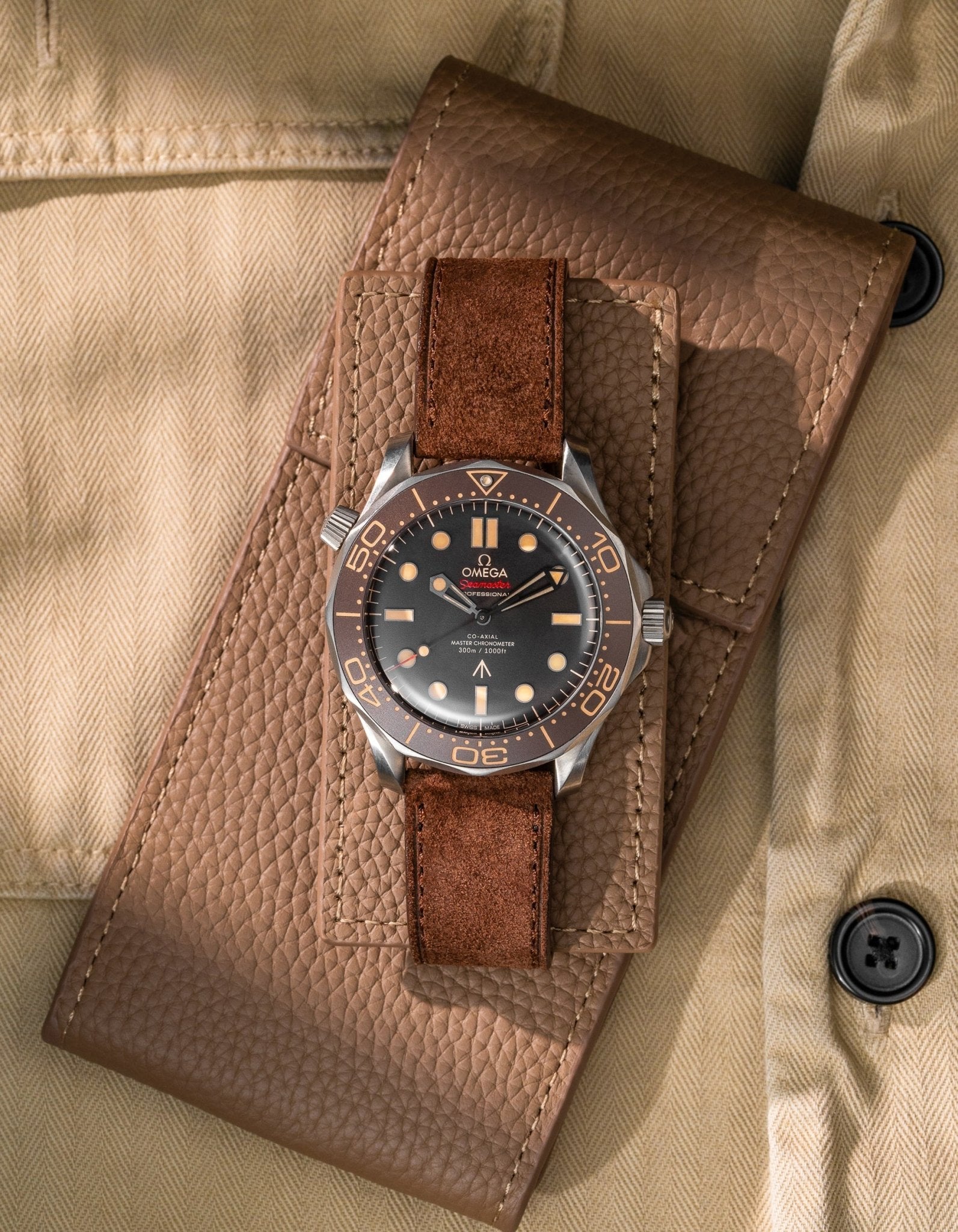 Brown Suede Leather Strap 17mm - 21mm flat lay on watch pouch - Wristbuddys