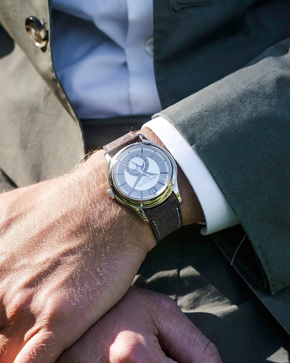 Brown denim strap on Patek Philippe – showcased in our adjustable size series.