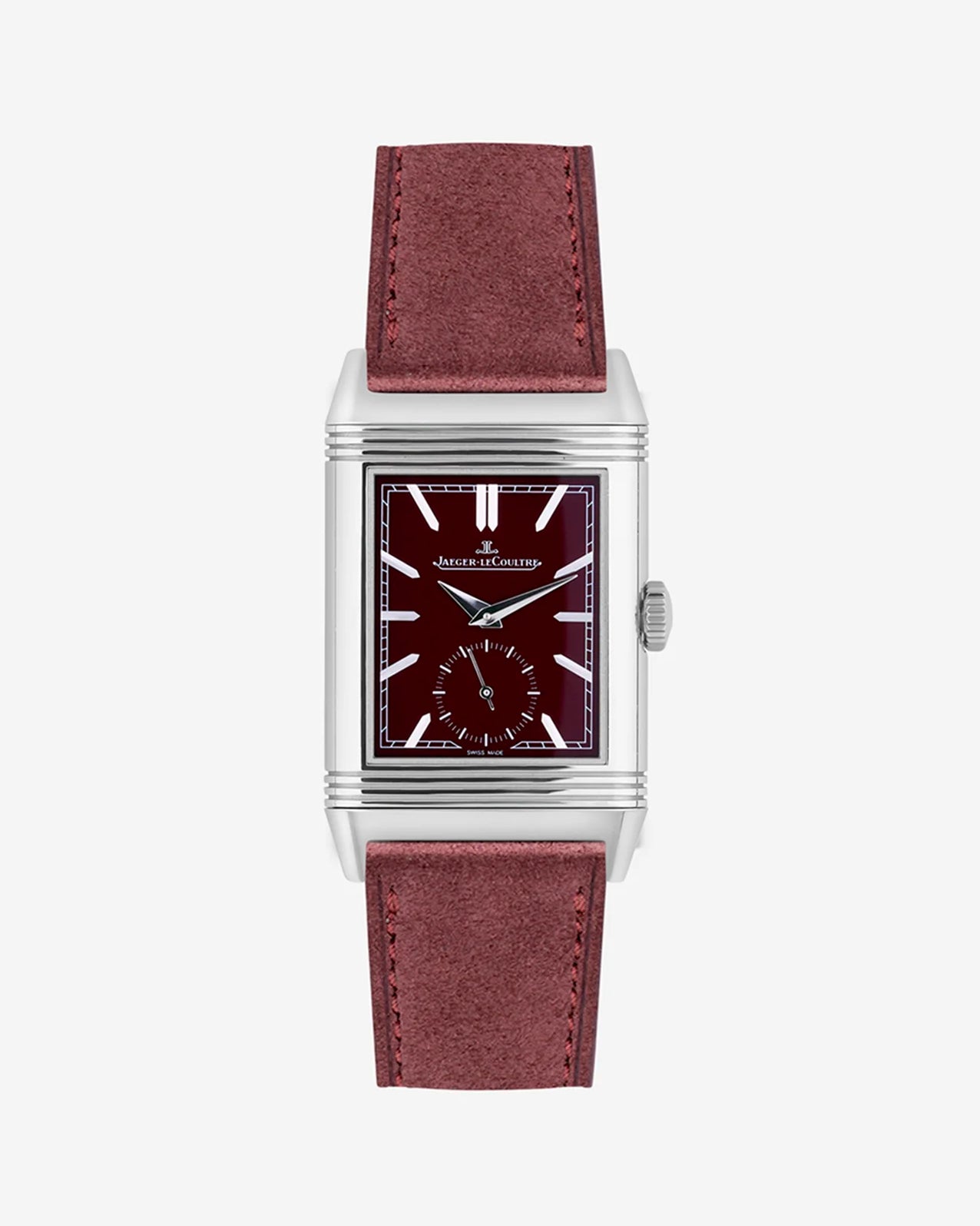 Burgundy suede leather strap mounted on Jaeger LeCoultre Reverso watch 20mm, front-facing on-watch product image