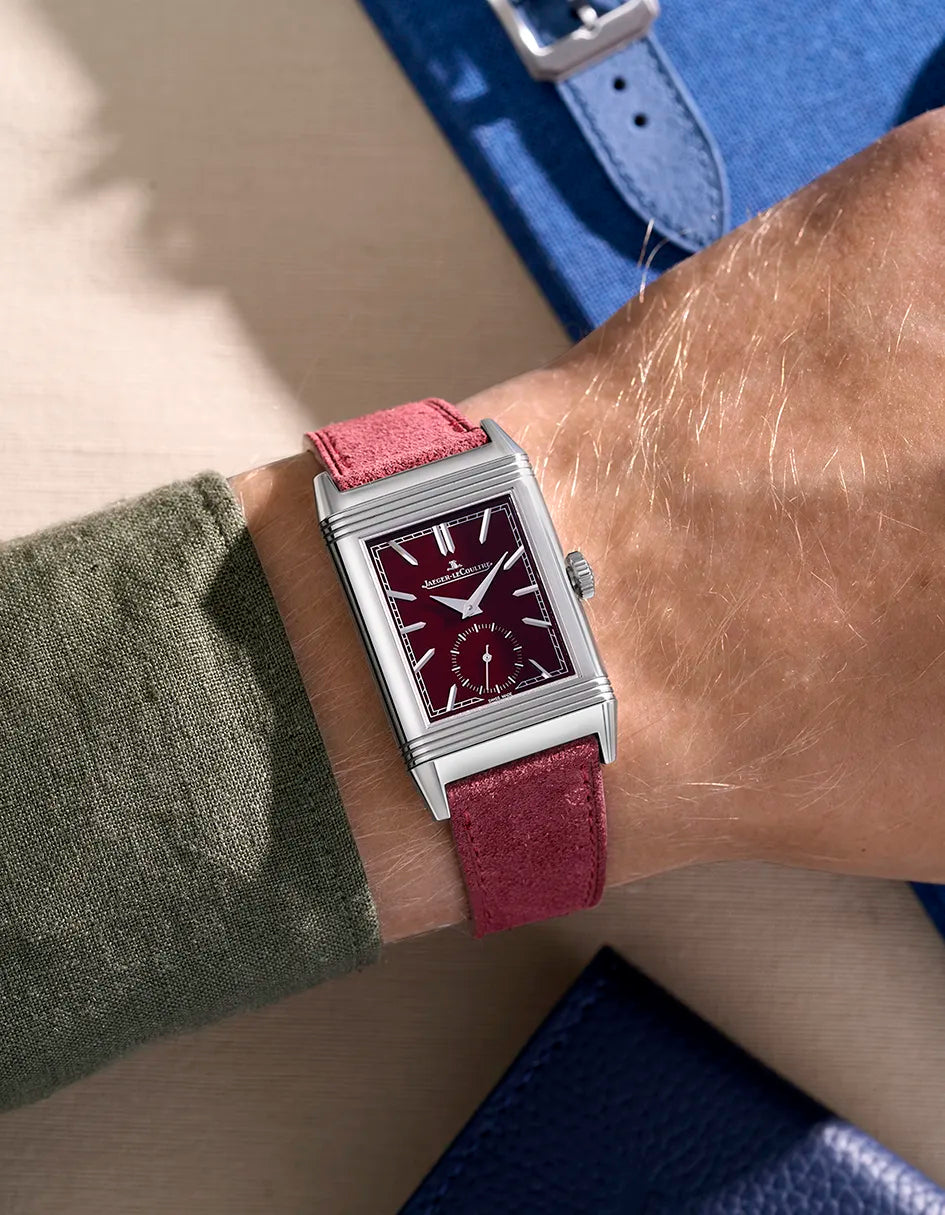 Burgundy suede leather strap for Jaeger LeCoultre Reverso 20mm shown on wrist