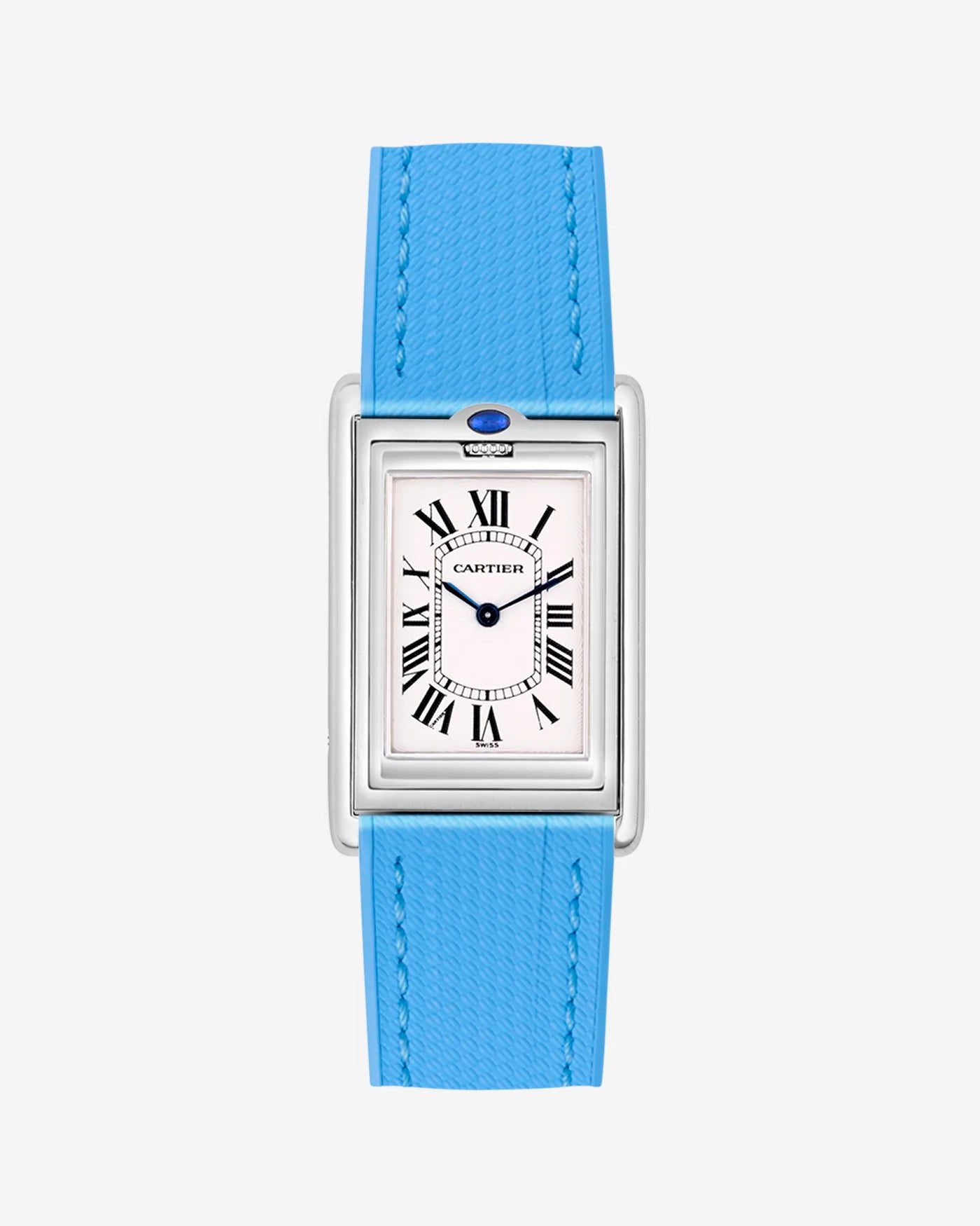Capri Blue rubber strap mounted on Cartier Basculante 20mm – replacement watch band with stainless steel clasp