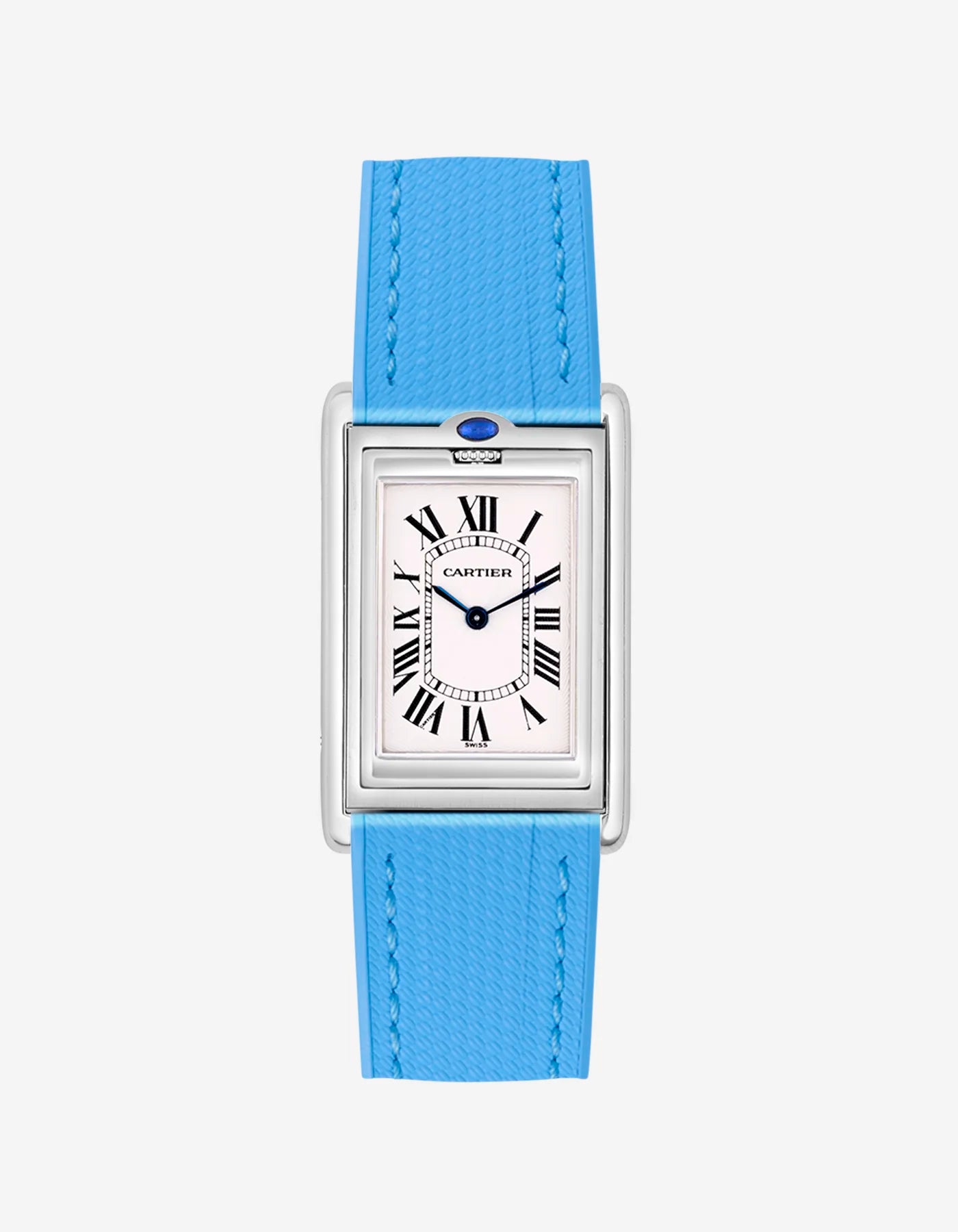 Capri Blue rubber strap mounted on Cartier Basculante 20mm – replacement watch band with stainless steel clasp