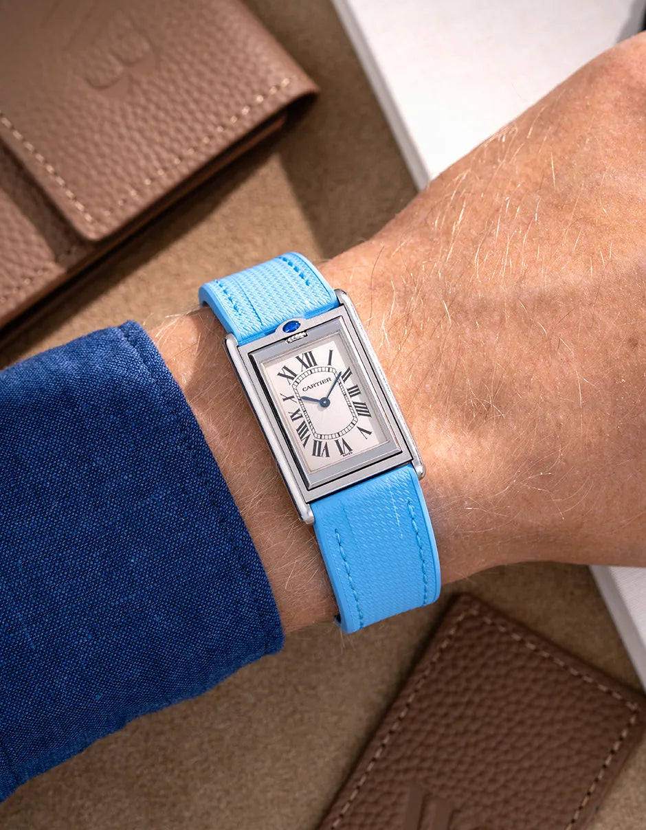 Wrist shot of Cartier Basculante with Capri Blue rubber strap 20mm – fitted with stainless steel clasp