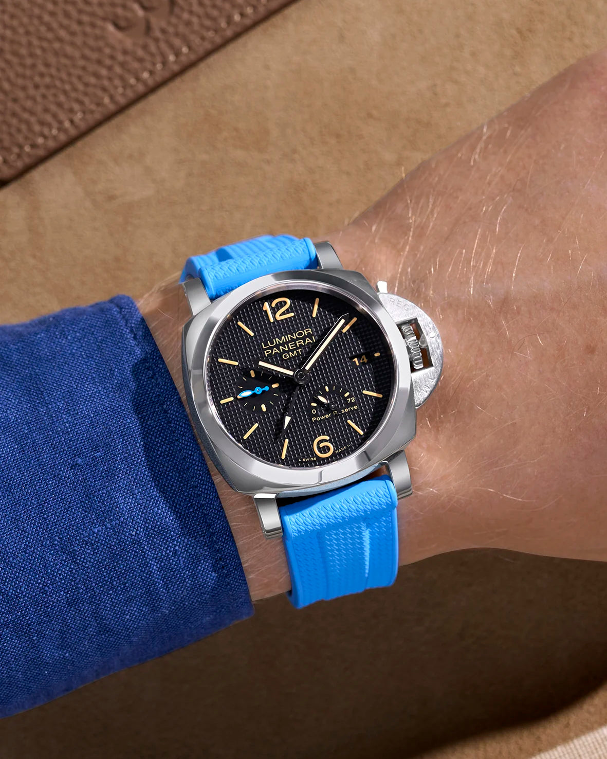 Wrist shot of Capri Blue Vertech FKM rubber strap for Panerai 22mm, 24mm and 26mm models
