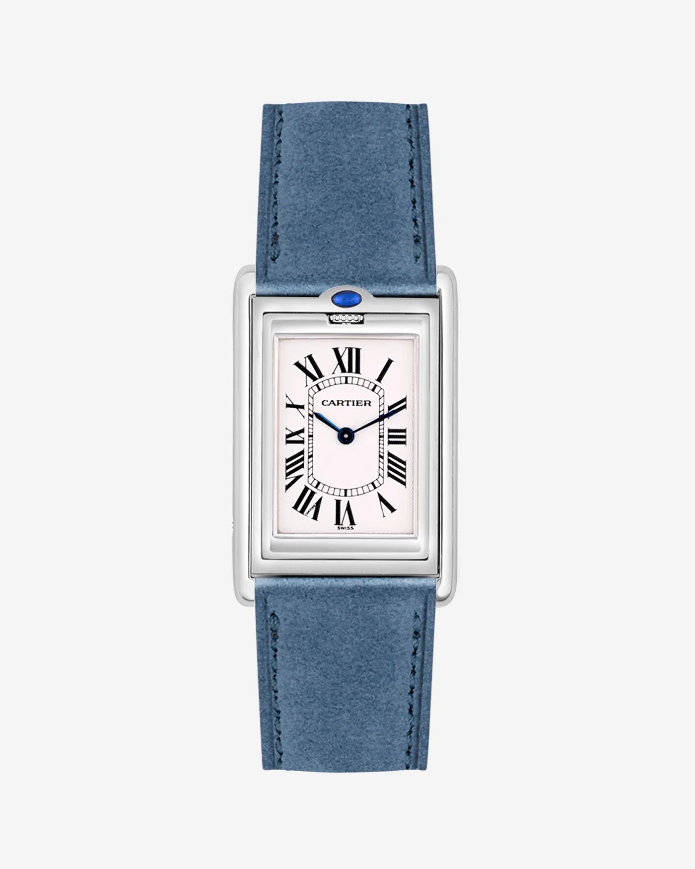 Cartier Tank Basculante with Baltic Blue suede strap mounted