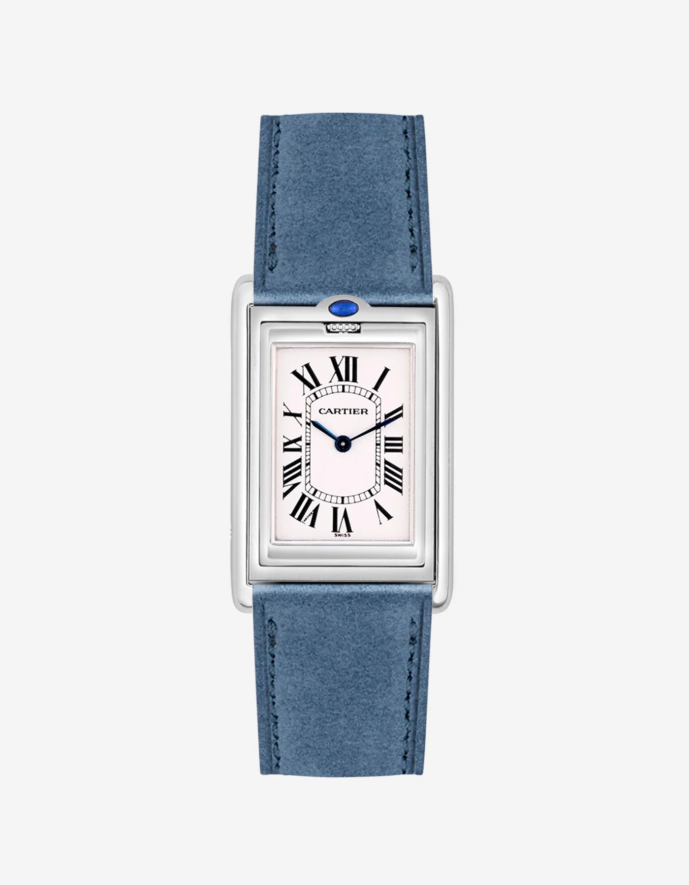 Cartier Tank Basculante with Baltic Blue suede strap mounted