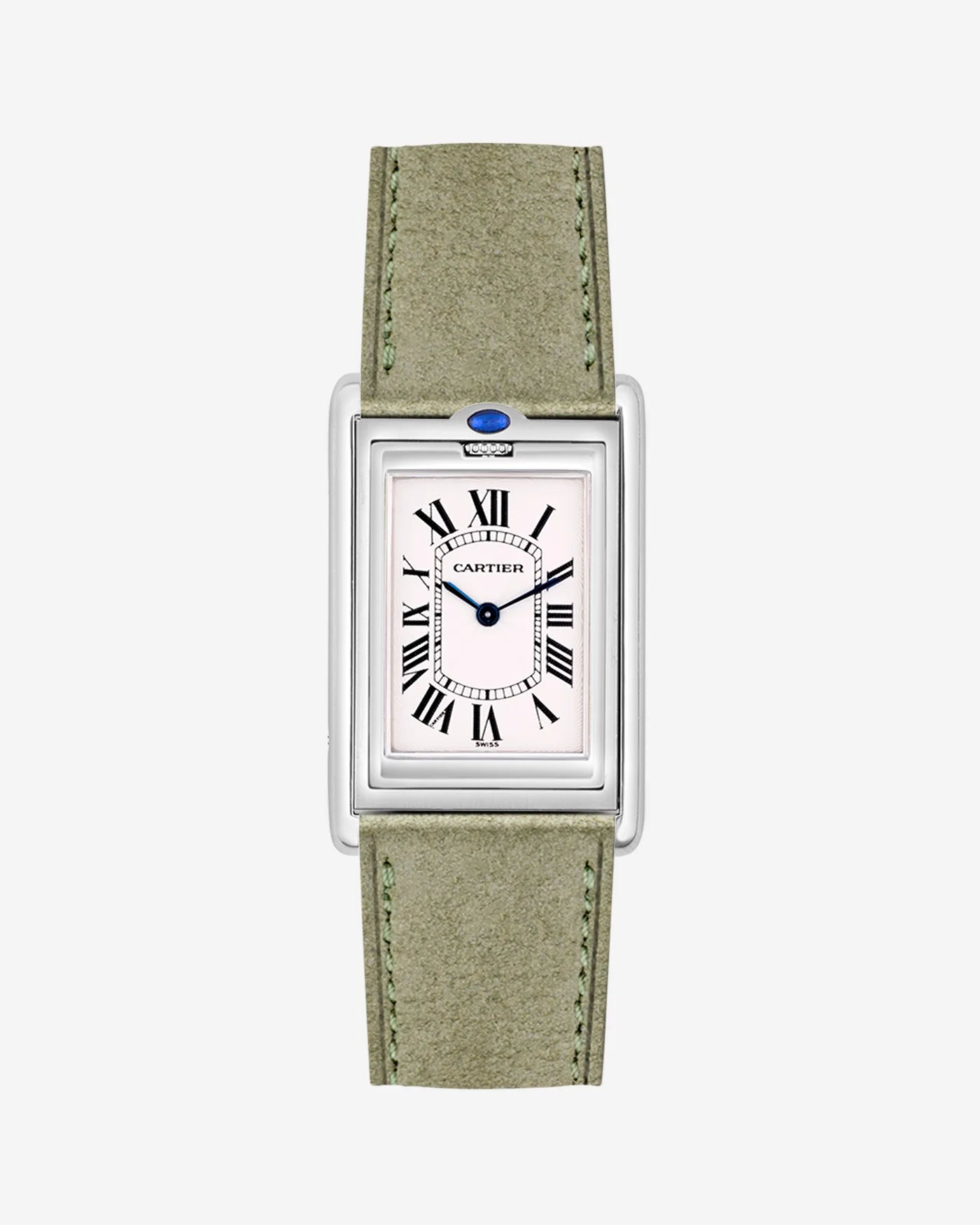 Cartier Tank Basculante with Herb Green suede strap mounted