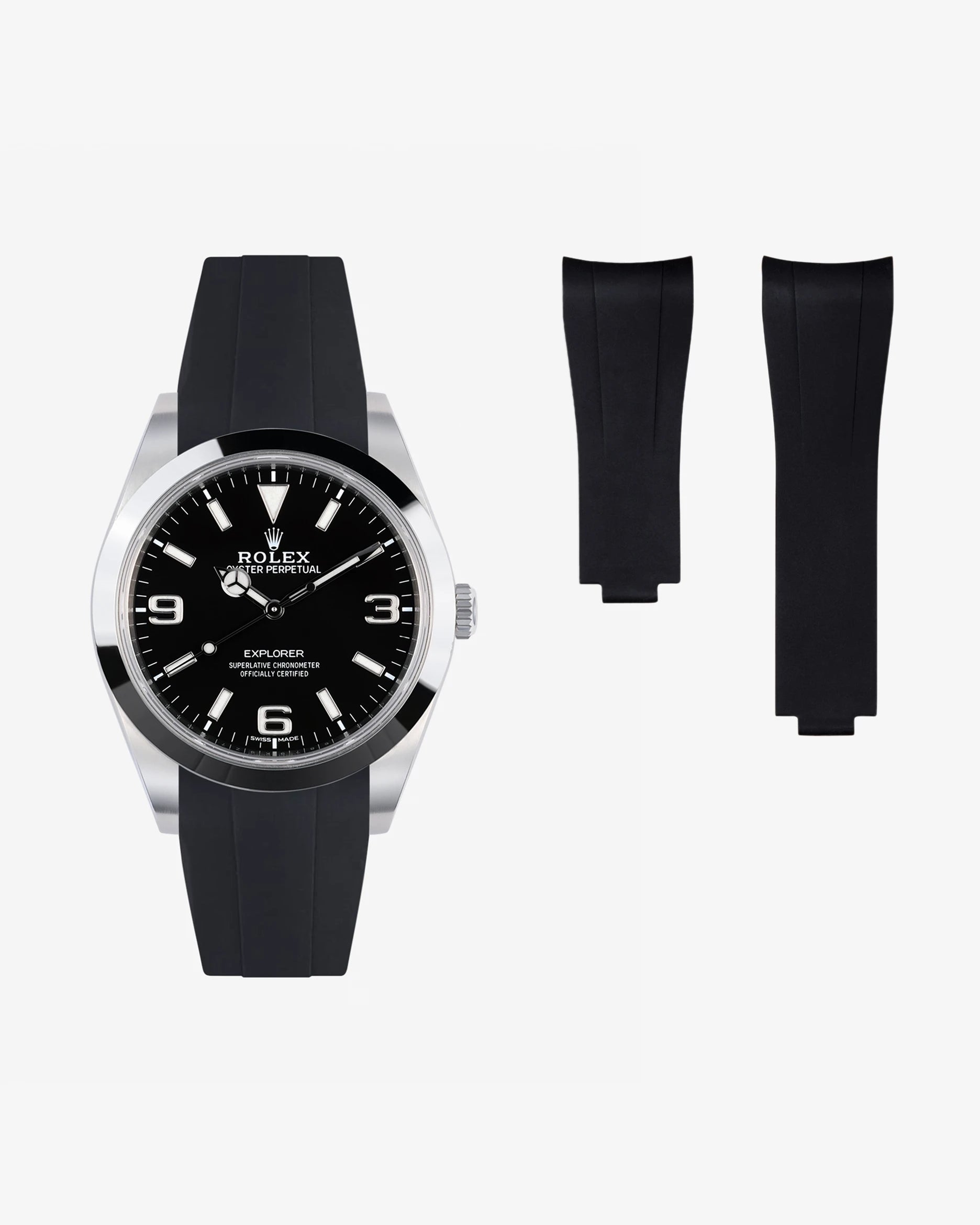 FKM rubber strap integrated with original clasp for Rolex Explorer 214270 – shown mounted and beside the watch