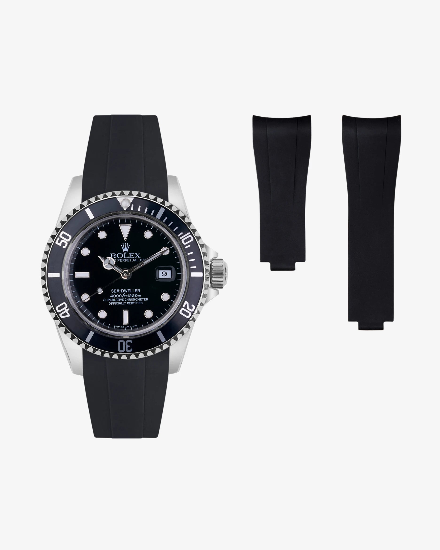 FKM rubber strap integrated with original clasp for Rolex Sea Dweller 16600 – shown mounted and beside the watch