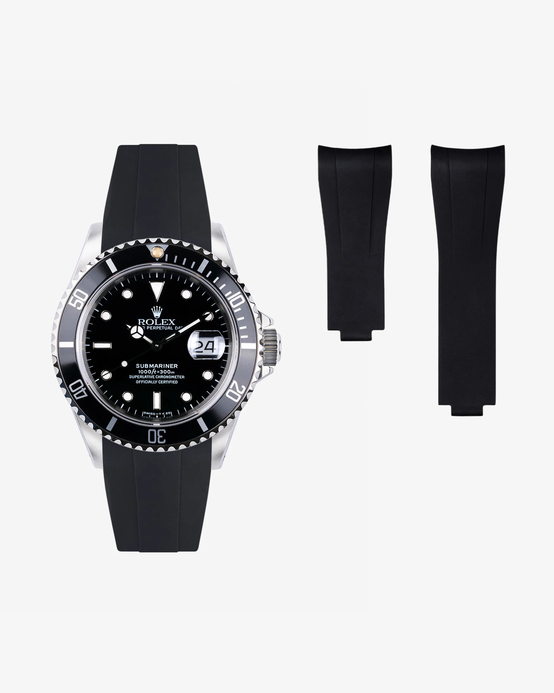 FKM rubber strap for Rolex Submariner 16610 and 14060 with original clasp – studio view of strap with matching watch head