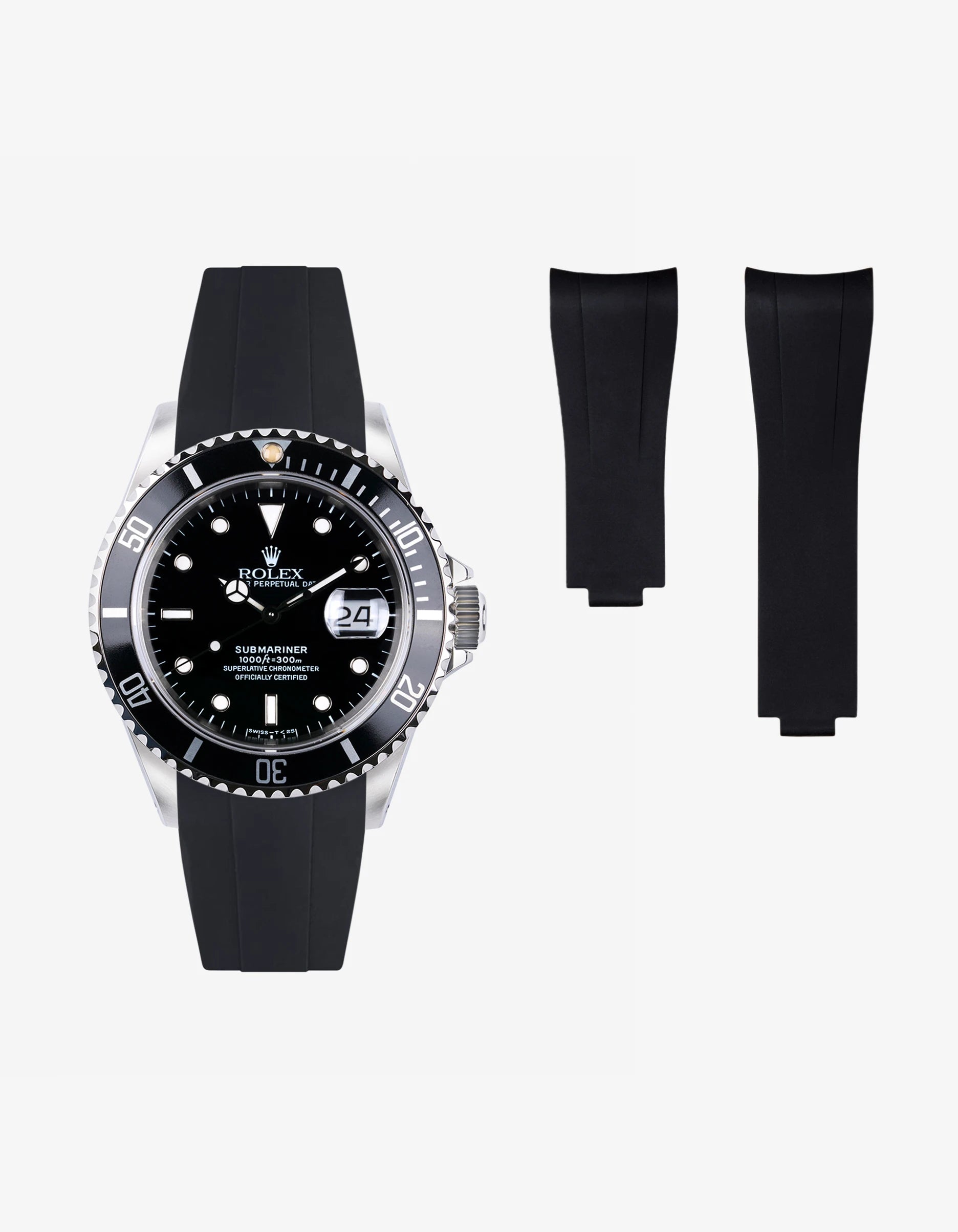 FKM rubber strap for Rolex Submariner 16610 and 14060 with original clasp – studio view of strap with matching watch head
