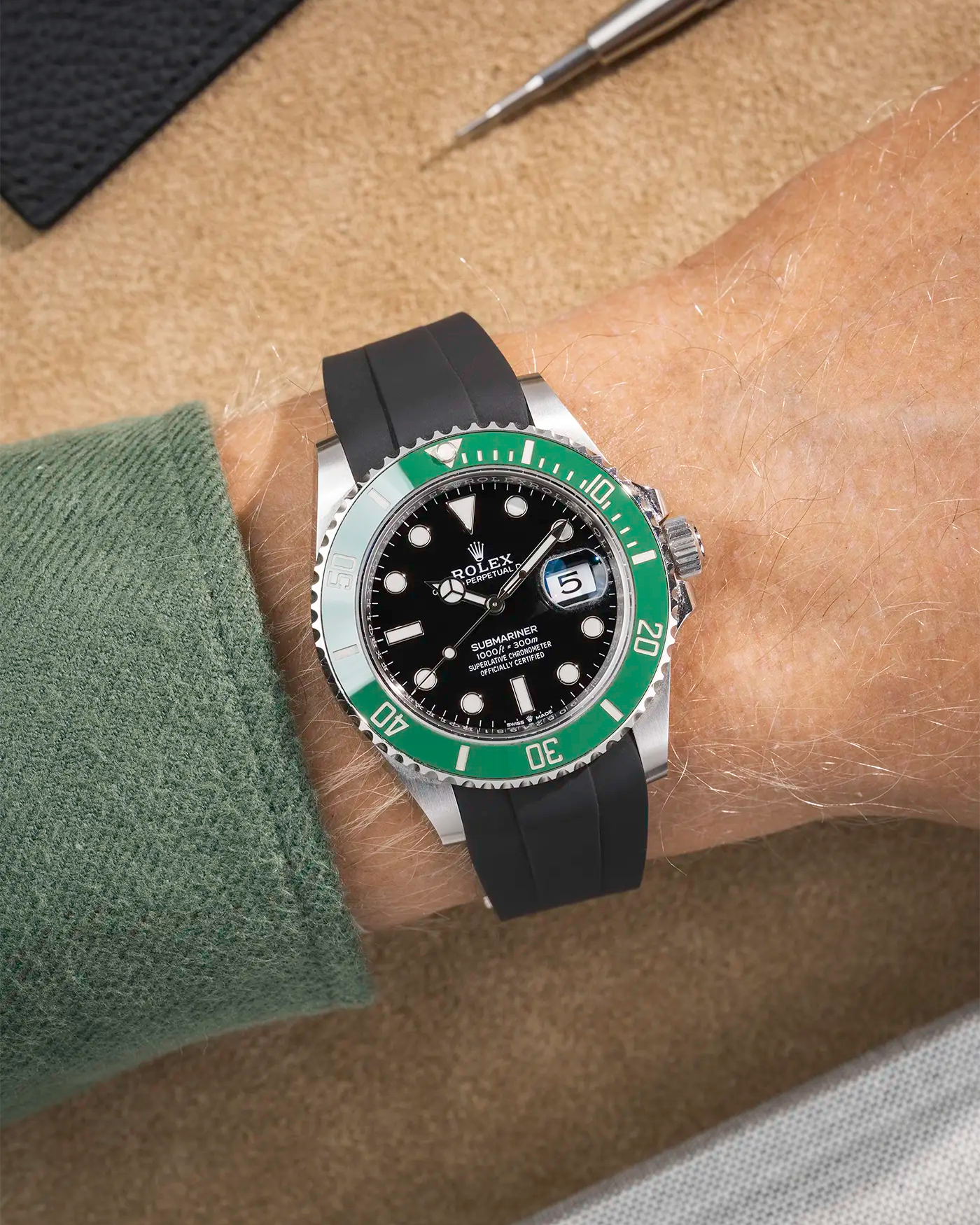 Classic Smooth FKM Rubber Strap Black for Rolex Submariner 41 126610LV Green Bezel Integrated with Original Clasp – Wrist shot