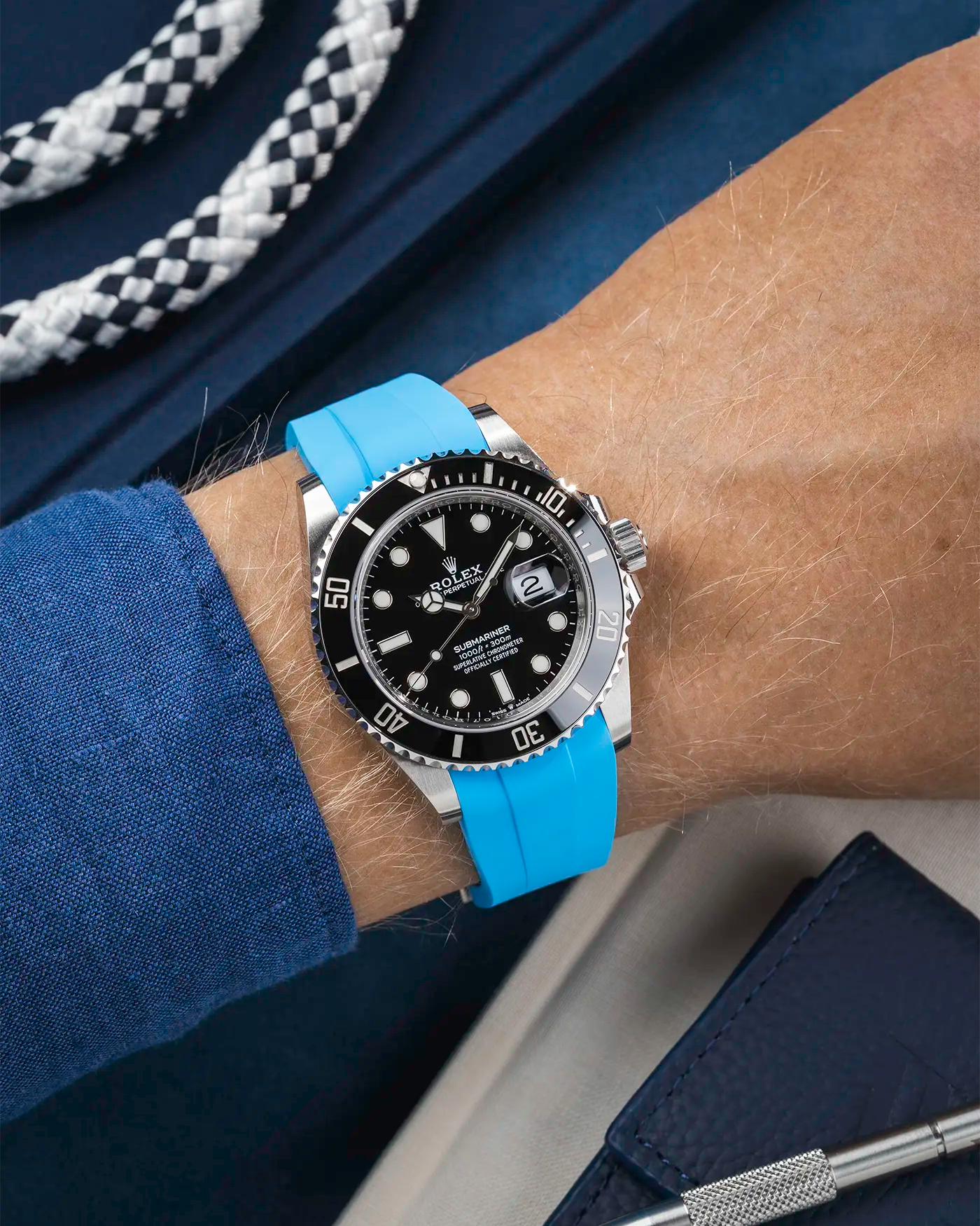 Classic Smooth FKM Rubber Strap Capri Blue for Rolex Submariner 41 126610LN Black Bezel Integrated with Original Clasp – Wrist shot