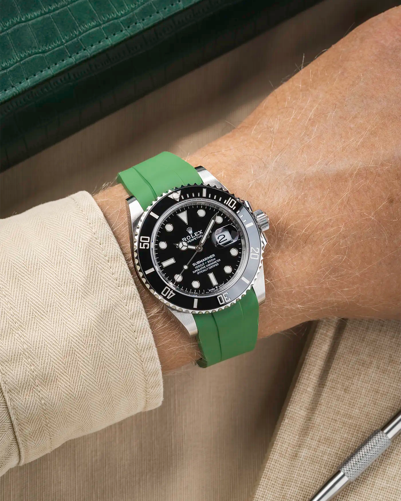 Classic Smooth FKM Rubber Strap Green for Rolex Submariner 41 126610LN Black Bezel Integrated with Original Clasp – Wrist shot