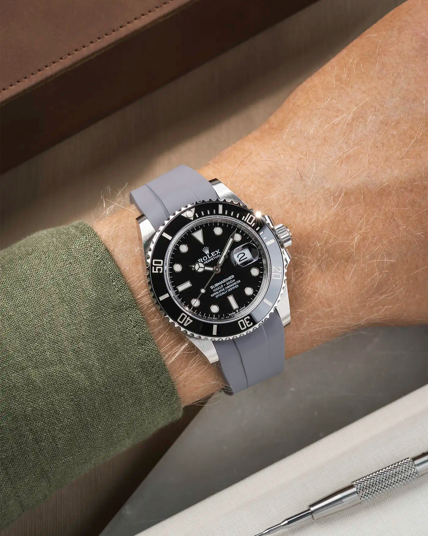 Classic Smooth FKM Rubber Strap Grey for Rolex Submariner 41 126610LN Black Bezel Integrated with Original Clasp – Wrist shot