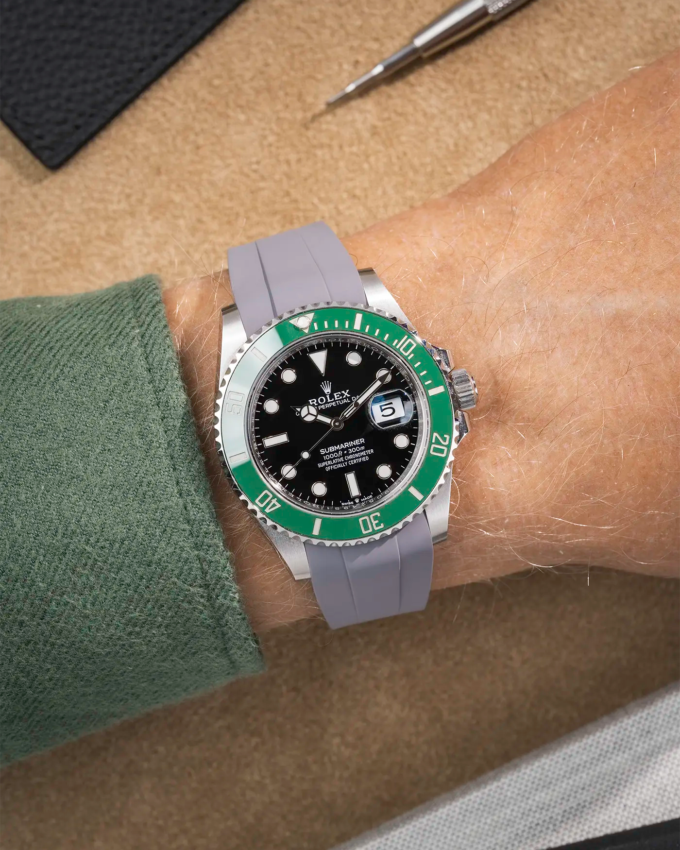 Classic Smooth FKM Rubber Strap Grey for Rolex Submariner 41 126610LV Green Bezel Integrated with Original Clasp – Wrist shot