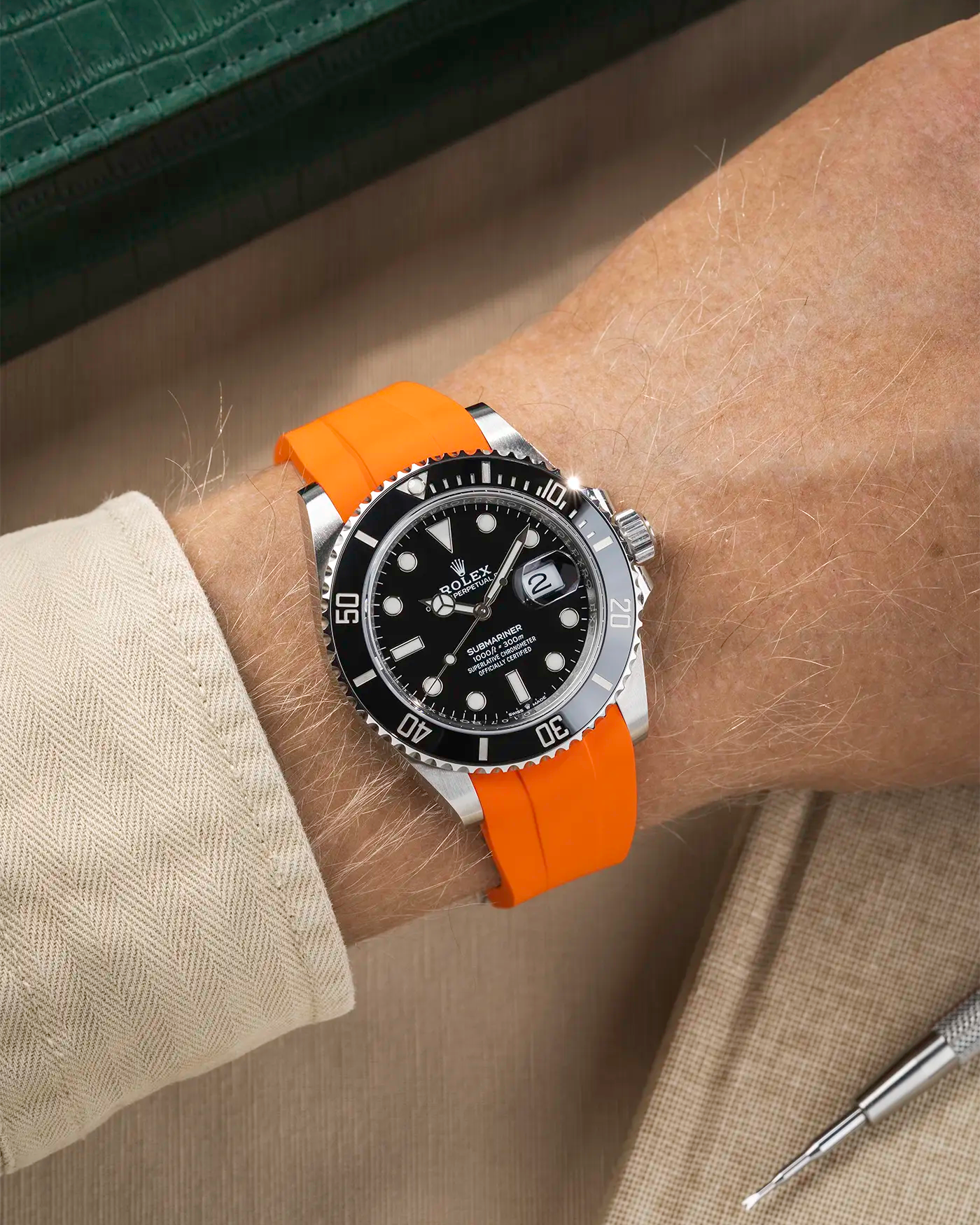 Classic Smooth FKM Rubber Strap Orange for Rolex Submariner 41 126610LN Black Bezel Integrated with Original Clasp – Wrist shot
