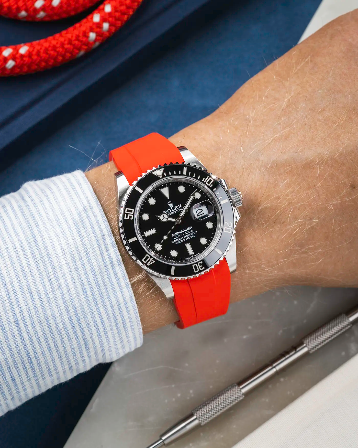 Classic Smooth FKM Rubber Strap Red for Rolex Submariner 41 126610LN Black Bezel Integrated with Original Clasp – Wrist shot