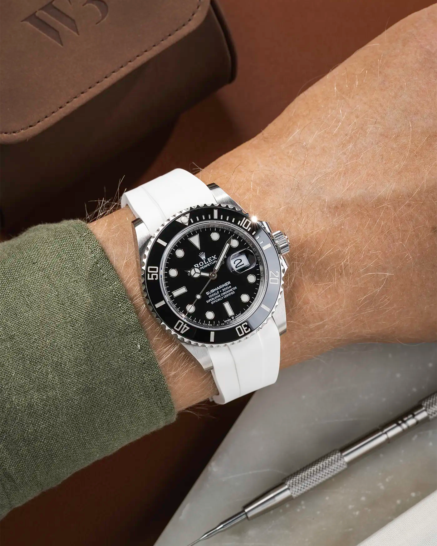Classic Smooth FKM Rubber Strap White for Rolex Submariner 41 126610LN Black Bezel Integrated with Original Clasp – Wrist shot