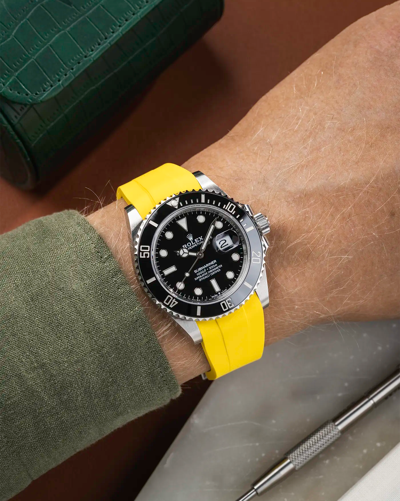 Classic Smooth FKM Rubber Strap Yellow for Rolex Submariner 41 126610LN Black Bezel Integrated with Original Clasp – Wrist shot