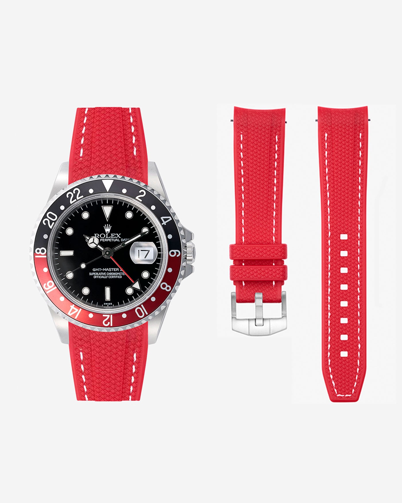 Rolex Coke Steel GMT Master with red strap and black dial on a white background