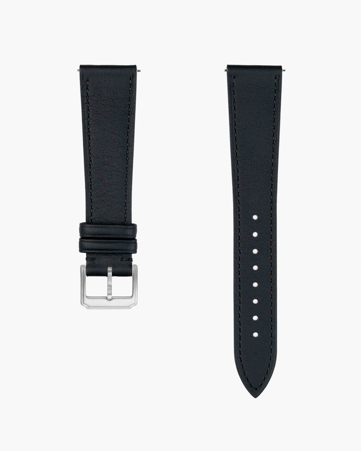 black leather watch strap from Wristbuddys in calfskin with a white background side by side with a steel buckle