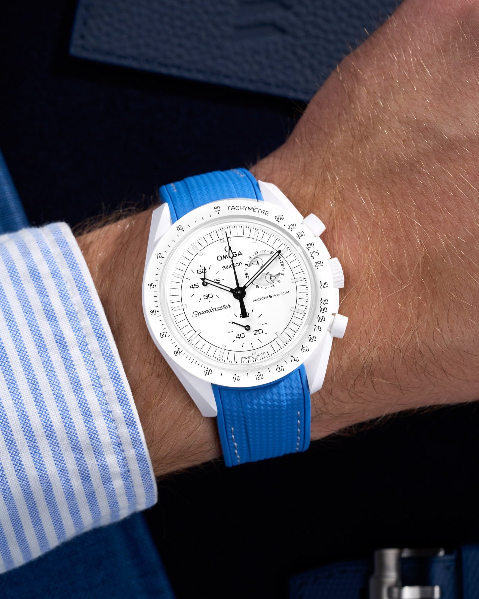 Omega X Swatch MoonSwatch Mission to Jupiter Moonwatch Speedmaster Professional Wristbuddys Wristbuddy Klockarmband klockband rubberstrap rubber strap horus black svart Mission to Mercury, mission to moon, moonswatches moonwatch best rubber perpetual straps intergrated mission to neptune rubber blue