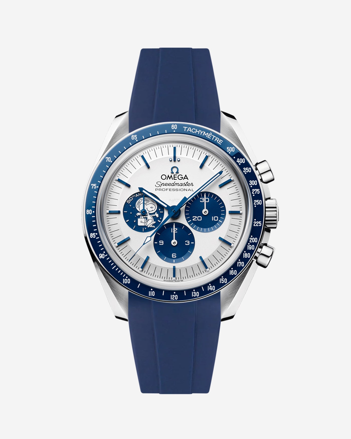 Omega Speedmaster Snoopy watch with blue FKM rubber watch strap and face on a white background