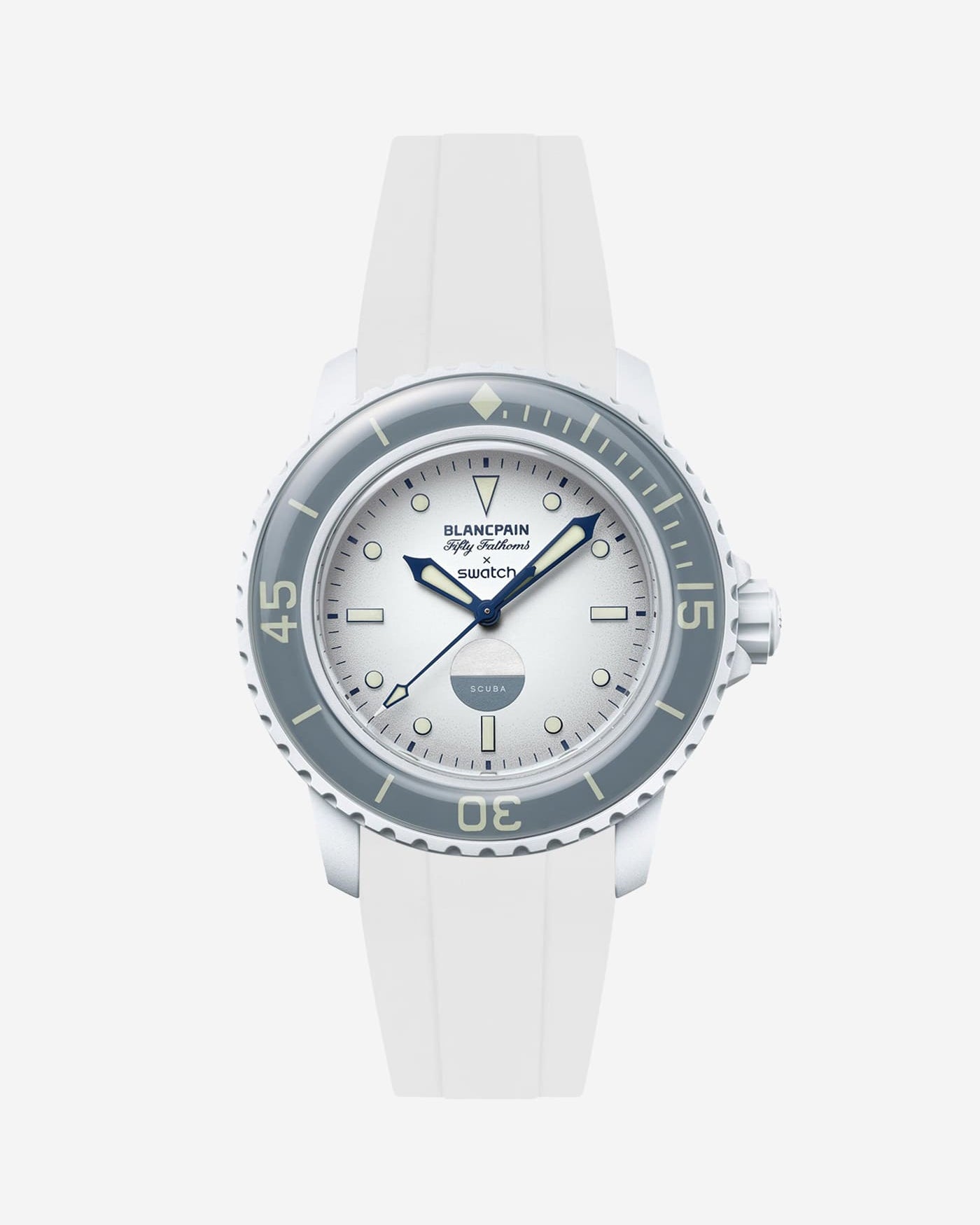 Front view of Blancpain X Swatch Antarctic Ocean with white rubber strap fitted on the watch
