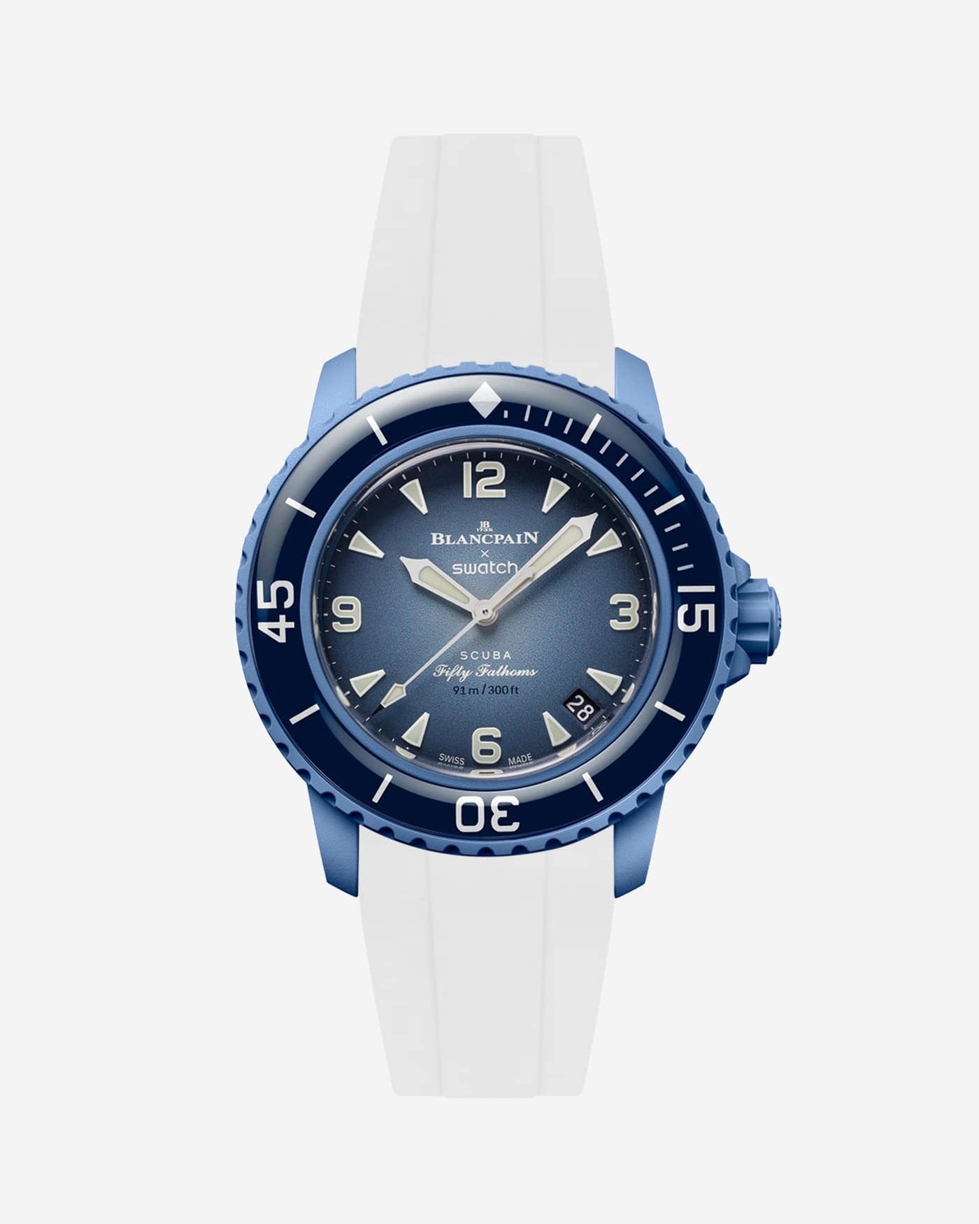 Blancpain Swatch Atlantic Ocean watch shown with white rubber strap attached
