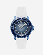 Blancpain Swatch Atlantic Ocean watch shown with white rubber strap attached