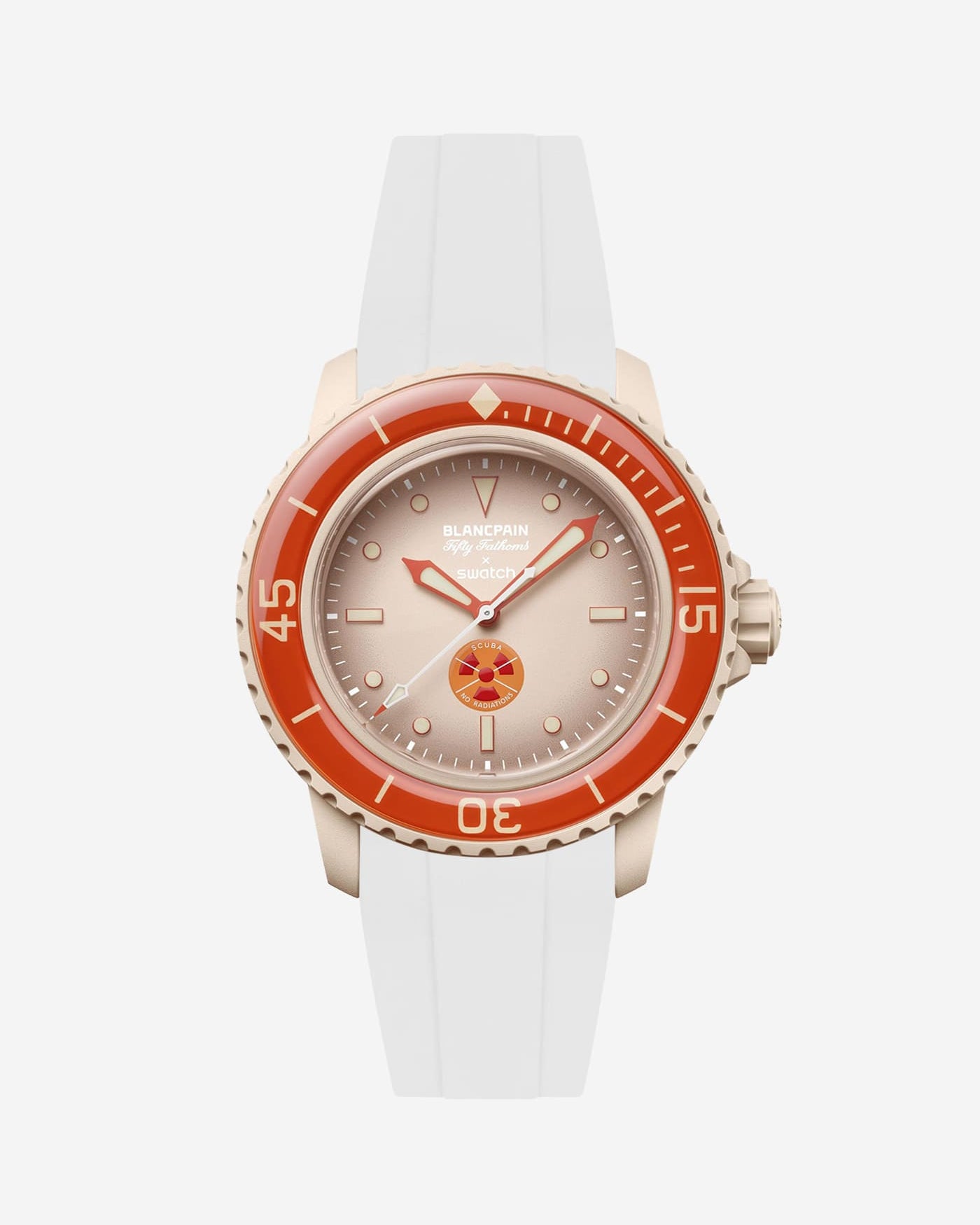 White rubber strap fitted on Blancpain Swatch Arctic Ocean watch, front view