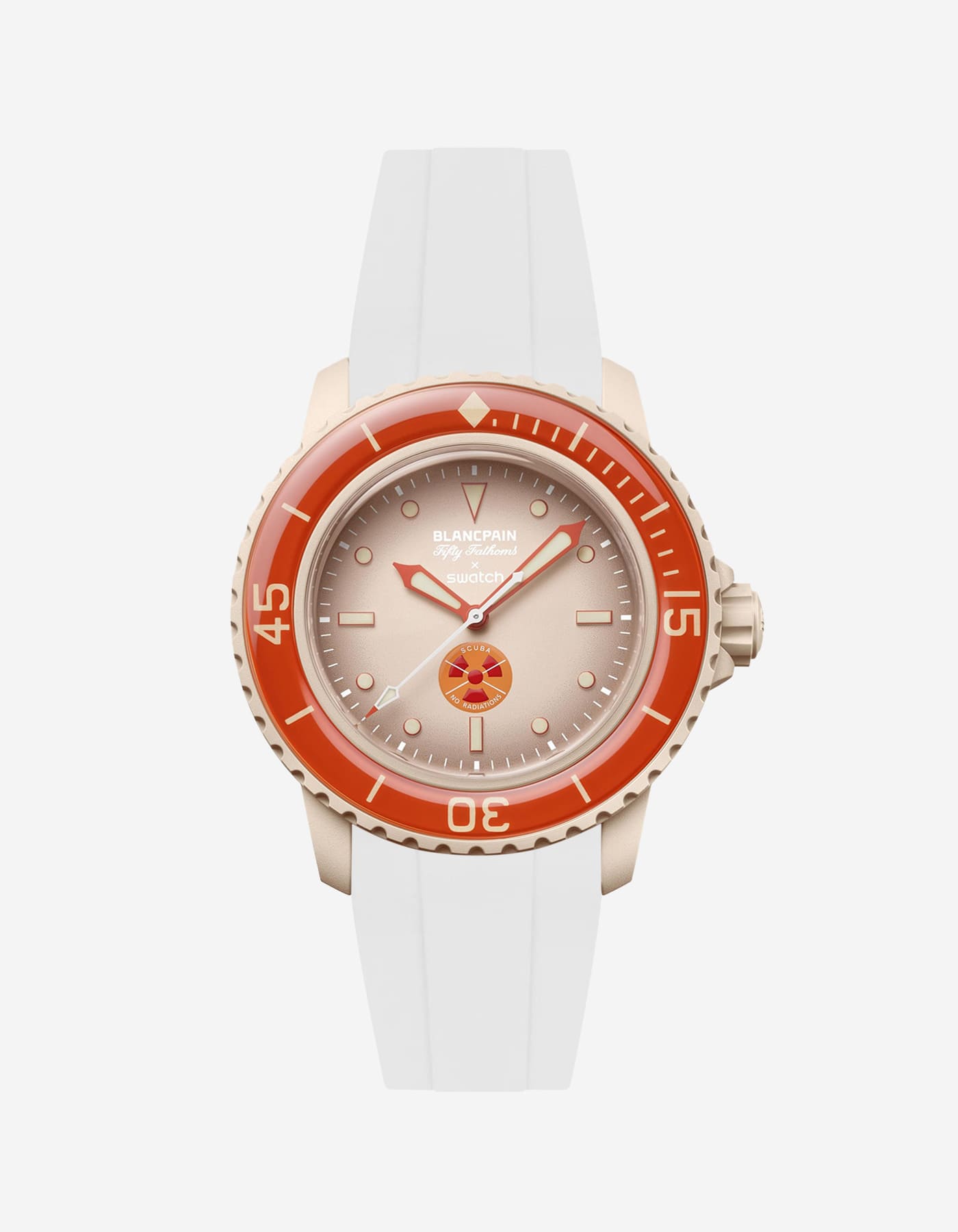 White rubber strap fitted on Blancpain Swatch Arctic Ocean watch, front view