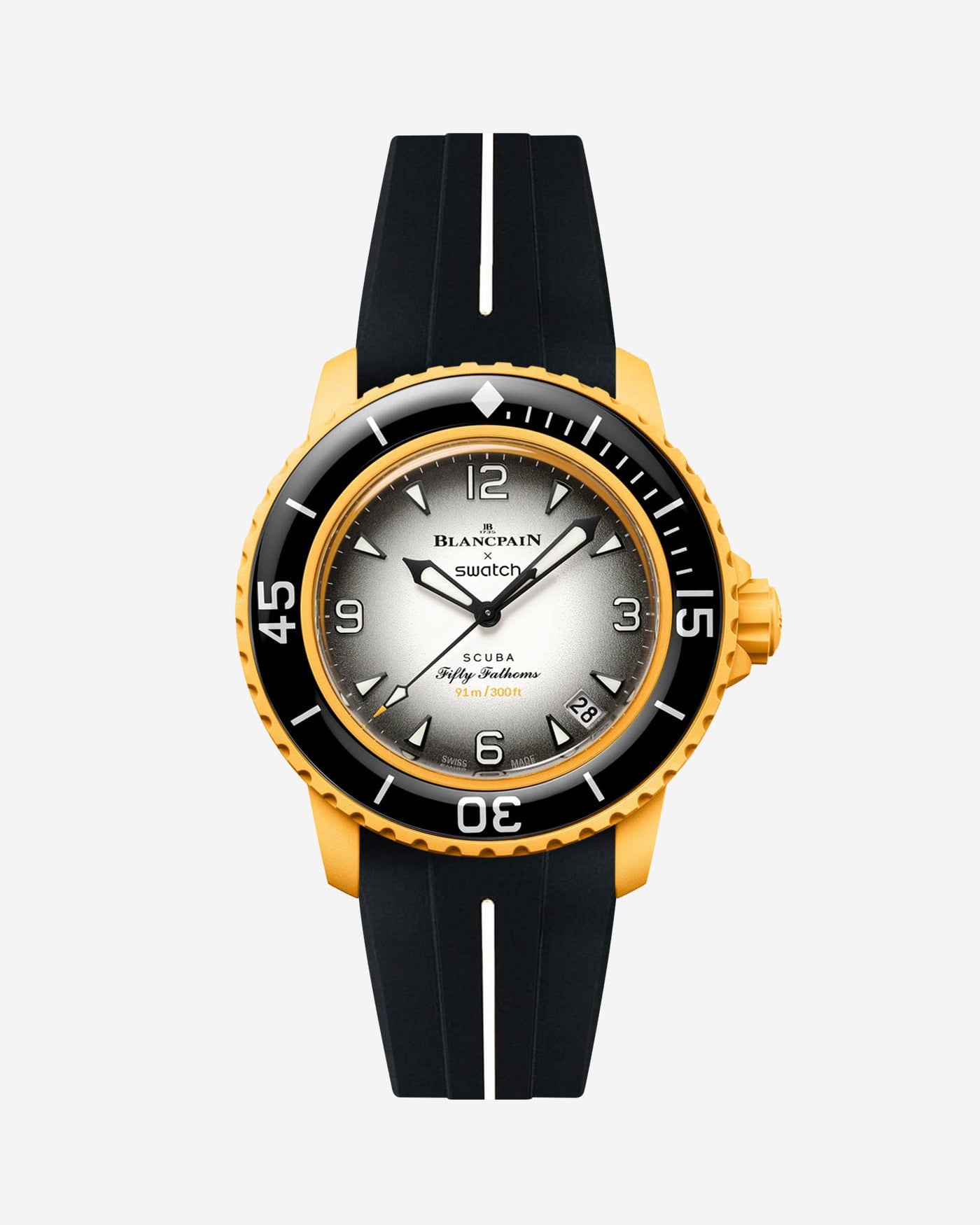 Black and white rubber strap fitted on Blancpain Swatch Pacific Ocean diver watch, front view