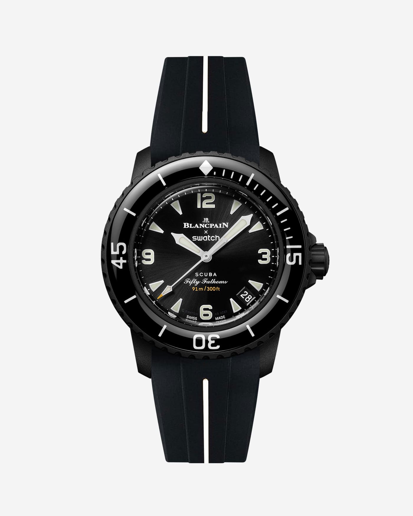 Front view of Blancpain Swatch Ocean of Storms watch with black dial and fitted strap