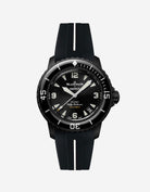 Front view of Blancpain Swatch Ocean of Storms watch with black dial and fitted strap