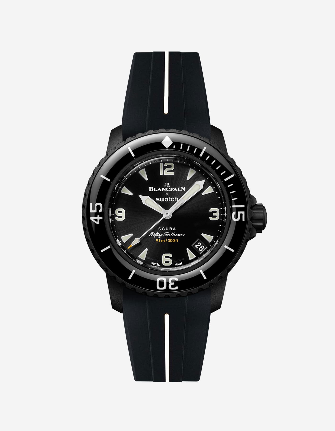 Front view of Blancpain Swatch Ocean of Storms watch with black dial and fitted strap