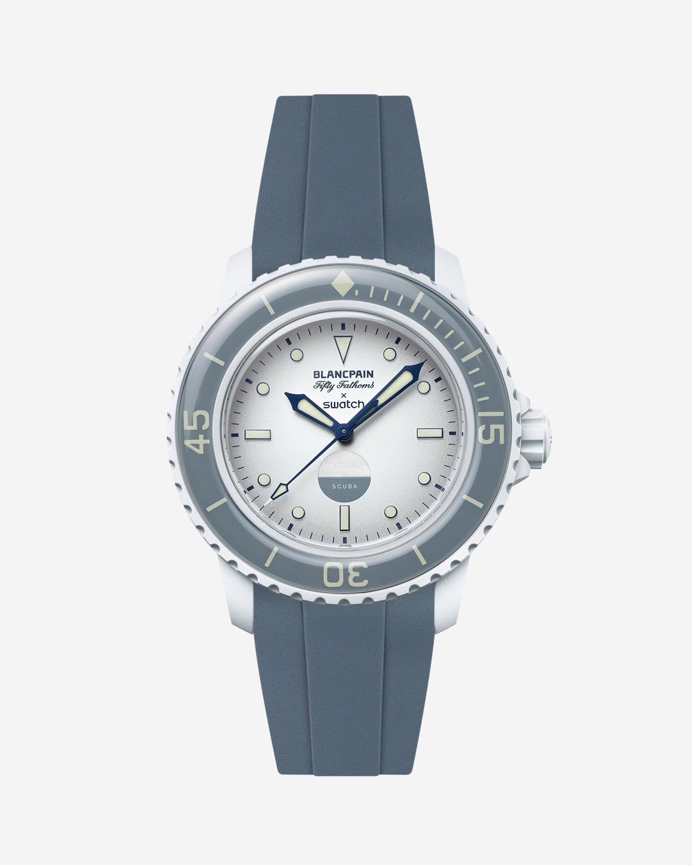 Front view of Blancpain X Swatch Antarctic Ocean with grey rubber strap fitted on the watch